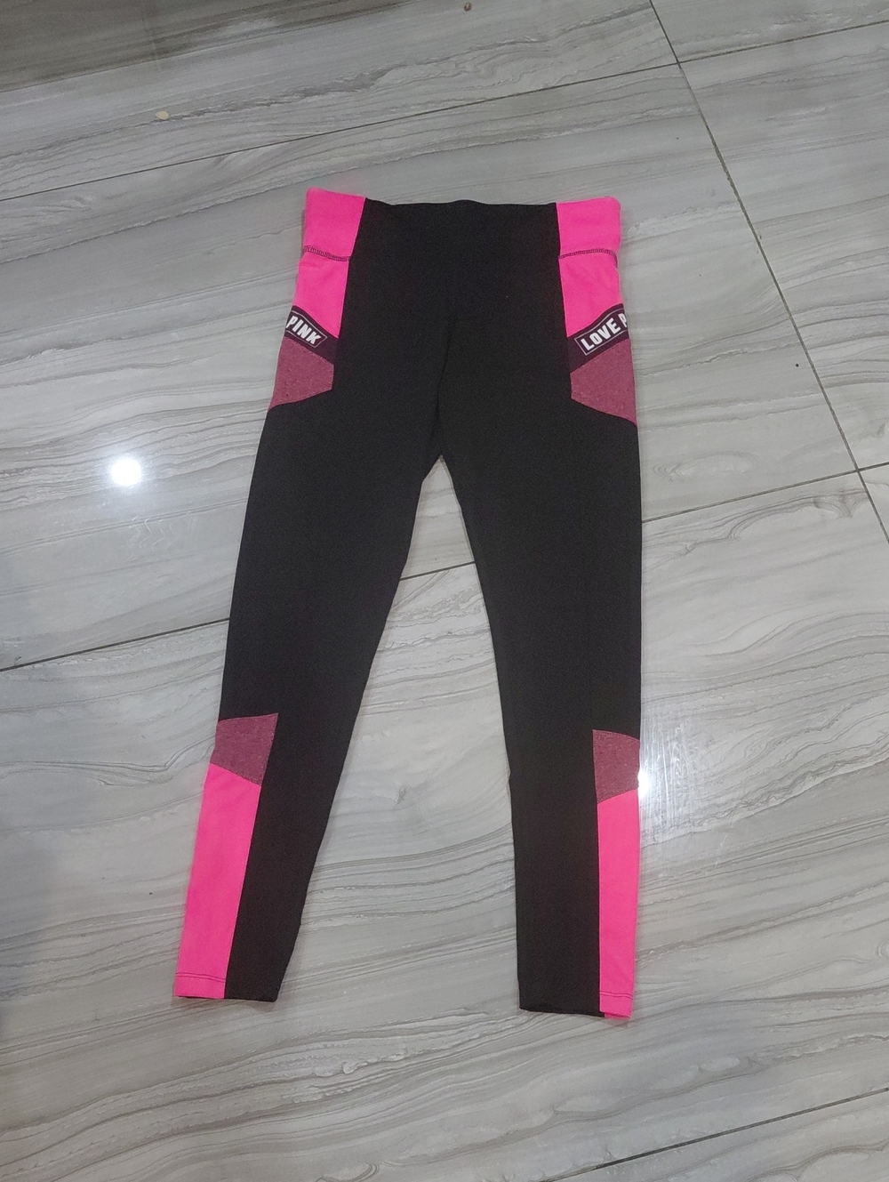 PINK Victoria's Secret Black Leggings with Hot Pink Panels